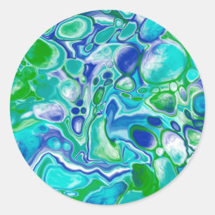Sticker Rond Marbre bleu et vert Fluid Art Abstrait