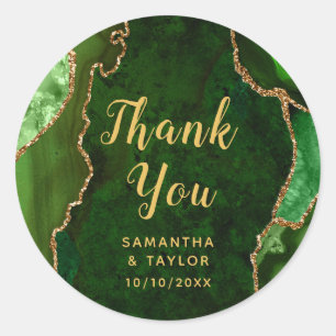 Sticker Rond Marbre d'agate vert et or Merci Mariage
