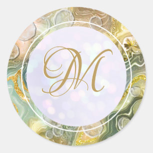 Sticker Rond Marbre doré abstrait à monogramme élégant initial