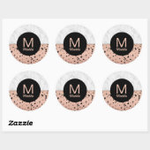 Sticker Rond Marbre élégant et Rose Motif or avec Monogram (Feuille)