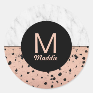 Sticker Rond Marbre élégant et Rose Motif or avec Monogram