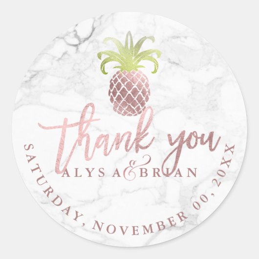 Sticker Rond Marbre/Faux Rose Merci d'ananas en or (Devant)