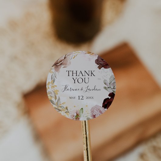 Sticker Rond Marbre floral moderne Merci mariage Favoriser