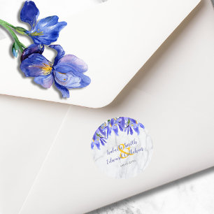 Sticker Rond Marbre Gris Moderne Motif Floral Iris Bleu Royal