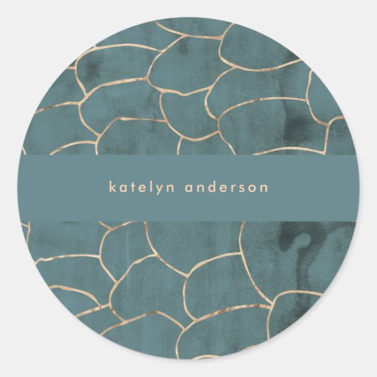 Sticker Rond Marbre moderne Gold Gemstone Turquoise (Devant)
