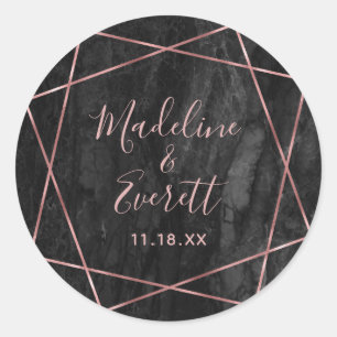 Sticker Rond Marbre noir Rose Gold Lines Geo Monogram Mariage