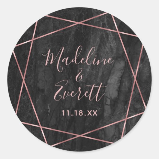 Sticker Rond Marbre noir Rose Gold Lines Geo Monogram Mariage (Devant)