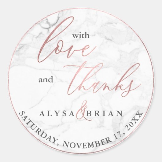 Sticker Rond Marbre PixDezine/Faux Rose Gold Love+Thanks (Devant)
