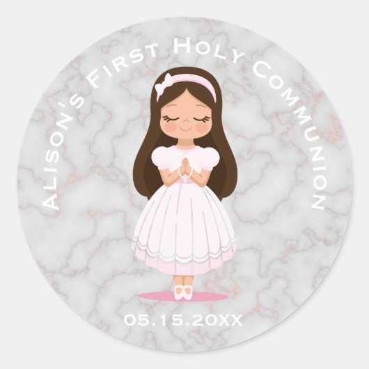 Sticker Rond Marbre rose de première sainte communion de fille (Devant)