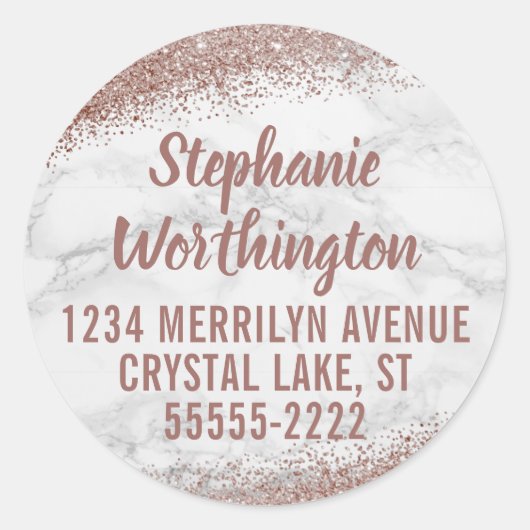 Sticker Rond Marbre & Rose Gold Parties scintillant Script Adre (Devant)