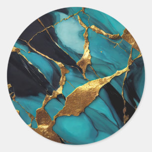 Sticker Rond Marbre sarcelle profond avec veines d'or audacieus