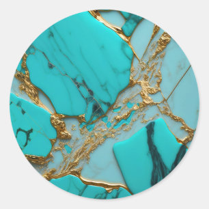 Sticker Rond Marbre Turquoise aux Veines Dorées