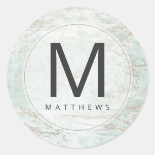 Sticker Rond Marbres modernes en Mint Rose or Monogramme Mariag