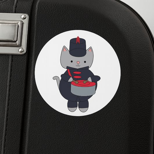 Sticker Rond Marching Band Gray Cat Drum Navy Blue Red