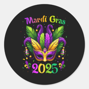 Sticker Rond Mardi Gras 2025 Mask Feathers Mardi Gras Family Co