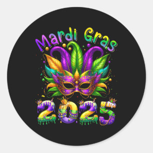 Sticker Rond Mardi Gras 2025 Mask Feathers Mardi Gras Family Co