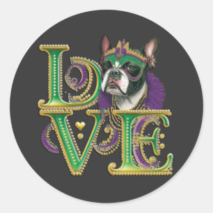 Sticker Rond Mardi Gras Boston Terrier Word LOVE Masquerade