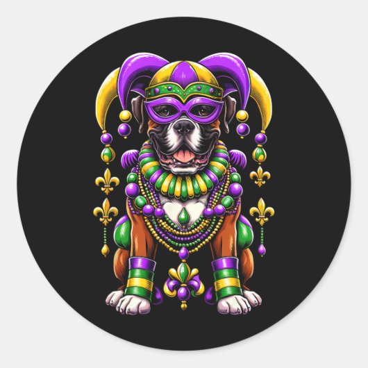 Sticker Rond Mardi Gras Boxer Chien (Devant)