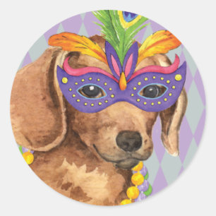 Sticker Rond Mardi Gras Dachshund