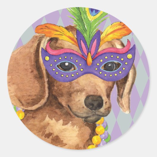 Sticker Rond Mardi Gras Dachshund (Devant)