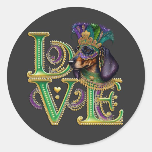 Sticker Rond Mardi Gras Dachshund Word LOVE Masquerade (Devant)