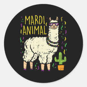 Sticker Rond Mardi Gras Llama Party Animal Funny Alpaca Carniva