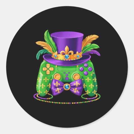 Sticker Rond Mardi Gras Video Game Controller Jester Hat Gamer (Devant)