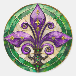 Sticker Rond Mardi Gras Vitrail Fleur de lis
