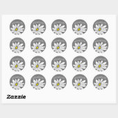 Sticker Rond Marguerite blanc et gris avec texte personnalisé (Feuille)