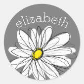 Sticker Rond Marguerite blanc et gris avec texte personnalisé (Devant)