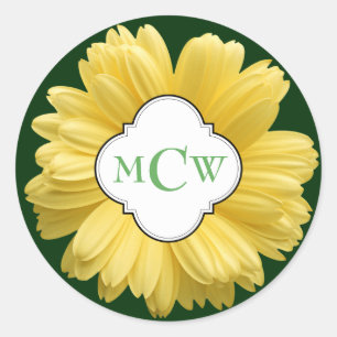 Sticker Rond Marguerite jaune mon vert de monogramme