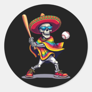 Sticker Rond Mariachi Skeleton Baseball Cinco De Mayo Mexicain