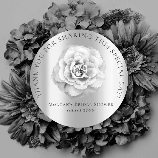 Sticker Rond Mariage 16e Remerciement Rose Gris Argent