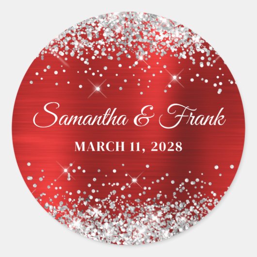 Sticker Rond Mariage à huile rouge Parties scintillant d'argent (Devant)