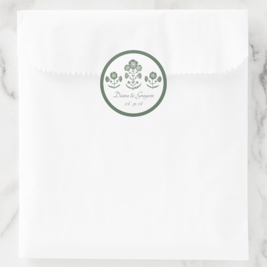 Sticker Rond Mariage à impression botanique verte et blanche (Sac)