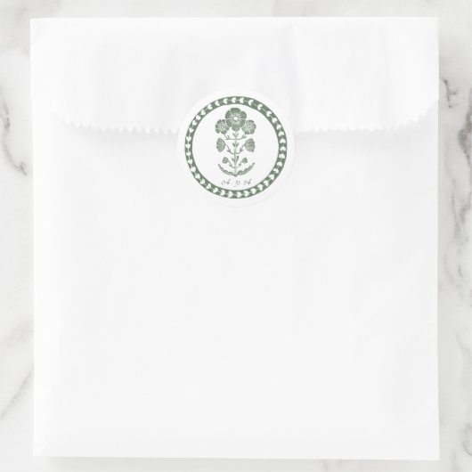 Sticker Rond Mariage à impression botanique verte et blanche (Sac)
