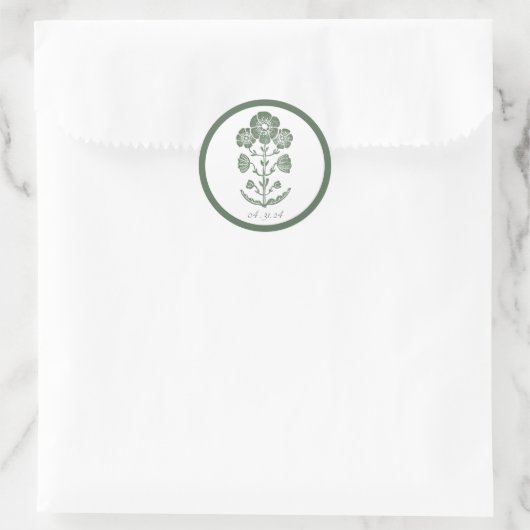 Sticker Rond Mariage à impression botanique verte et blanche (Sac)
