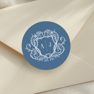 Sticker Rond Mariage à la Crête de Monogramme en Acier Bleu de 