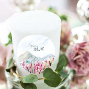 Sticker Rond Mariage à la Montagne Aquarelle Prairie de Fleurs