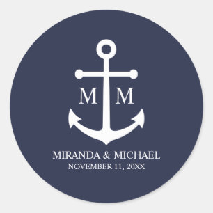Sticker Rond Mariage à l'ancre bleu marine nautique