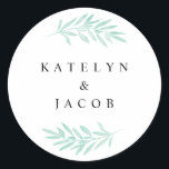 Sticker rond Mariage à l'aquarelle de Mint<br><div class="desc">Beau autocollant de mariage personnalisé parfait pour sceller votre faire-part de mariage avec vos noms avec un feuillage vert moderne,  tendance et minimaliste. Une partie de notre collection de Mariages d'aquarelle de Mint.</div>