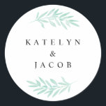 Sticker rond Mariage à l'aquarelle de Mint<br><div class="desc">Beau autocollant de mariage personnalisé parfait pour sceller votre faire-part de mariage avec vos noms avec un feuillage vert moderne,  tendance et minimaliste. Une partie de notre collection de Mariages d'aquarelle de Mint.</div>