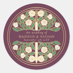 Sticker Rond Mariage à l'épée florale blanche médiévale Mauve R