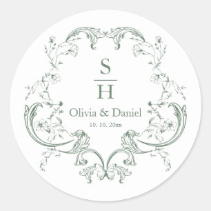 Sticker Rond Mariage à monogramme de roses françaises vert saug