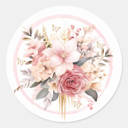 Sticker Rond Mariage à papillon rose et or (Devant)