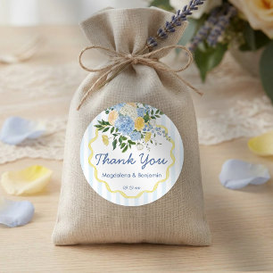 Sticker Rond Mariage à rayures florales bleues jaunes dessinées