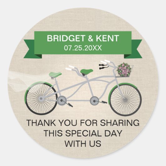 Sticker Rond Mariage à vélo Faux Linen Green Tandem (Devant)