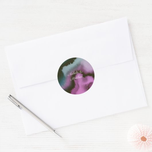 Sticker Rond Mariage Abstrait Violet & Sarcelle Humeur (Enveloppe)