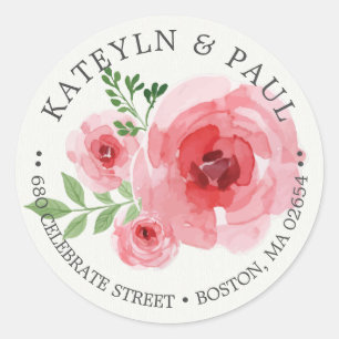 Sticker Rond Mariage Adresse de Retour Fleur Rose Classique Élé