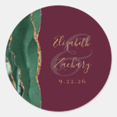 Sticker Rond Mariage Agate Émeraude Vert Or Script Bourgogne (Devant)